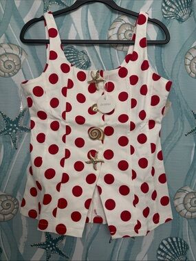 Pastels White Tank Top with Red Polka Dots and Nautical Shell Buttons
